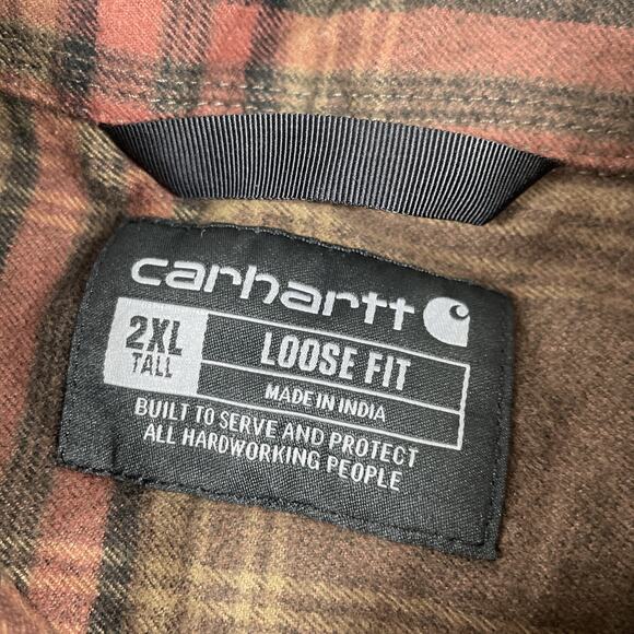 Carhartt Flannel Shirt Mens 2XL Tall Loose Fit Plaid Cotton Utility Brown - Picture 3 of 12
